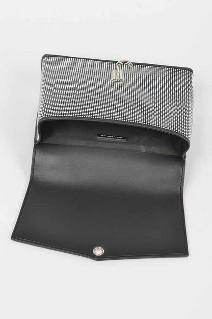 Women's hotfix rhinestone clutch handbag from Murray Hill by BYMANYC New York, featuring sparkling embellishments and sleek design.
