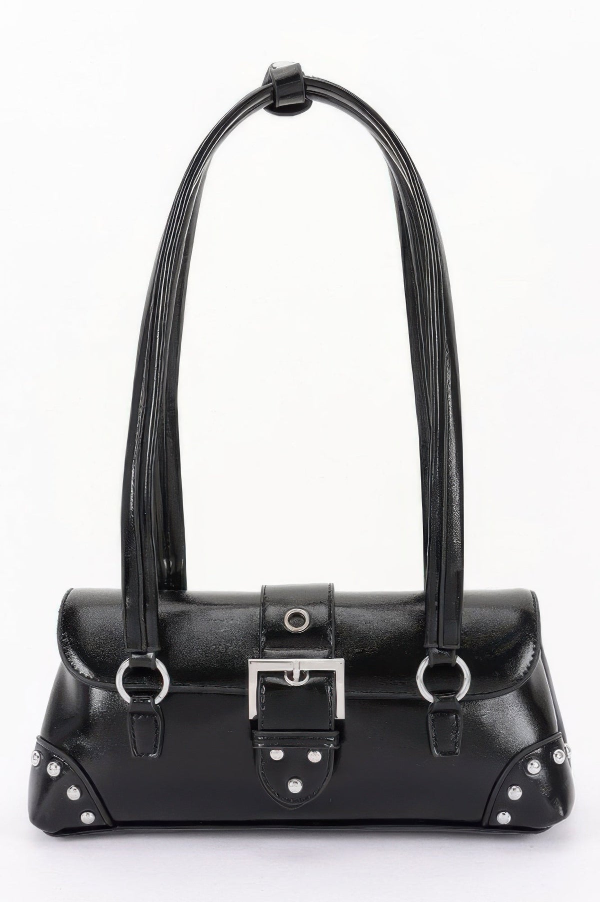 Women’s metal studded shoulder handbag from BYMANYC ® New York, Chelsea style, featuring a sleek design and shoulder strap.