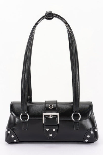 Women’s metal studded shoulder handbag from BYMANYC ® New York, Chelsea style, featuring a sleek design and shoulder strap.