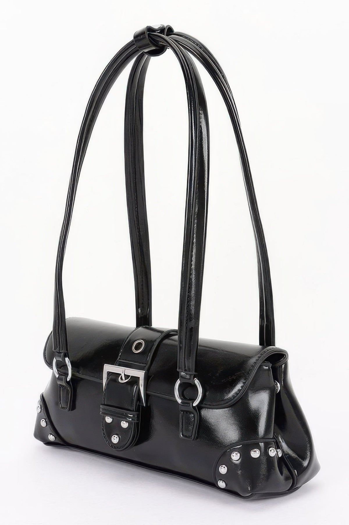 Women’s metal studded shoulder handbag in black, stylish CHELSEA by BYMANYC New York, featuring a sleek design and shoulder strap.
