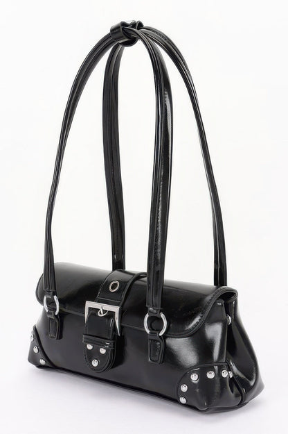 Women’s metal studded shoulder handbag in black, stylish CHELSEA by BYMANYC New York, featuring a sleek design and shoulder strap.