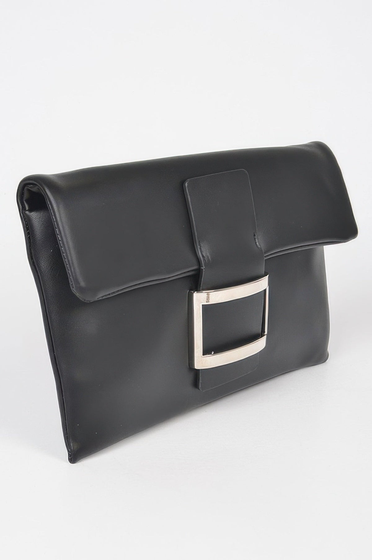 Women's metallic buckle clutch handbag by MEATPACKING from BYMANYC New York, featuring a sleek design and stylish finish.