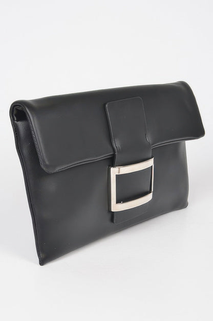 Women's metallic buckle clutch handbag by MEATPACKING from BYMANYC New York, featuring a sleek design and stylish finish.