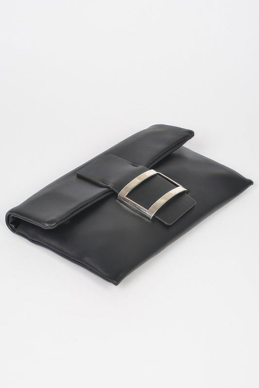 Women’s metallic buckle clutch handbag by MEATPACKING, stylish BYMANYC New York accessory with sleek design and modern metallic finish.