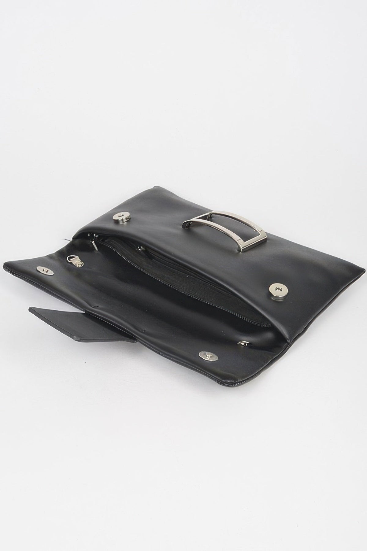 Women’s metallic buckle clutch handbag by BYMANYC New York, stylish and compact for evening or casual occasions.