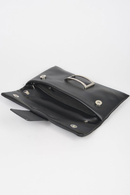 Women’s metallic buckle clutch handbag by BYMANYC New York, stylish and compact for evening or casual occasions.