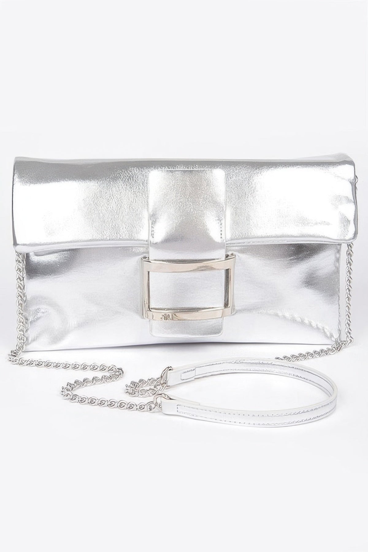 Women’s metallic buckle clutch handbag by BYMANYC New York, stylish and compact accessory for evening or special occasions.