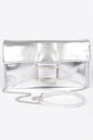Women’s metallic buckle clutch handbag by BYMANYC New York, stylish and compact accessory for evening or special occasions.
