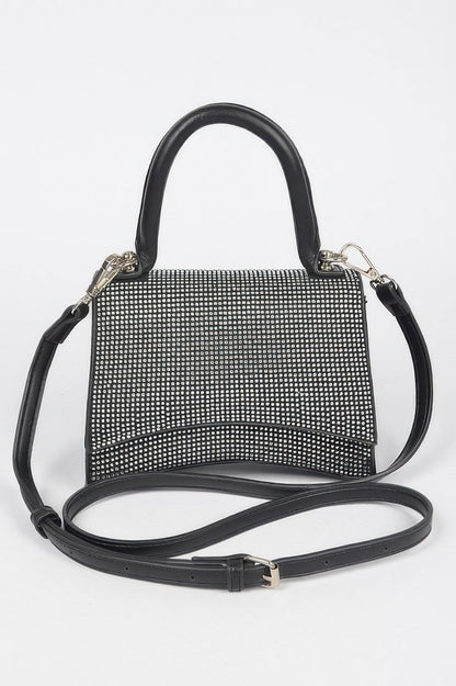 Women's rhinestone top handle handbag by BYMANYC New York, featuring a glamorous design with sparkling rhinestones and elegant handle.