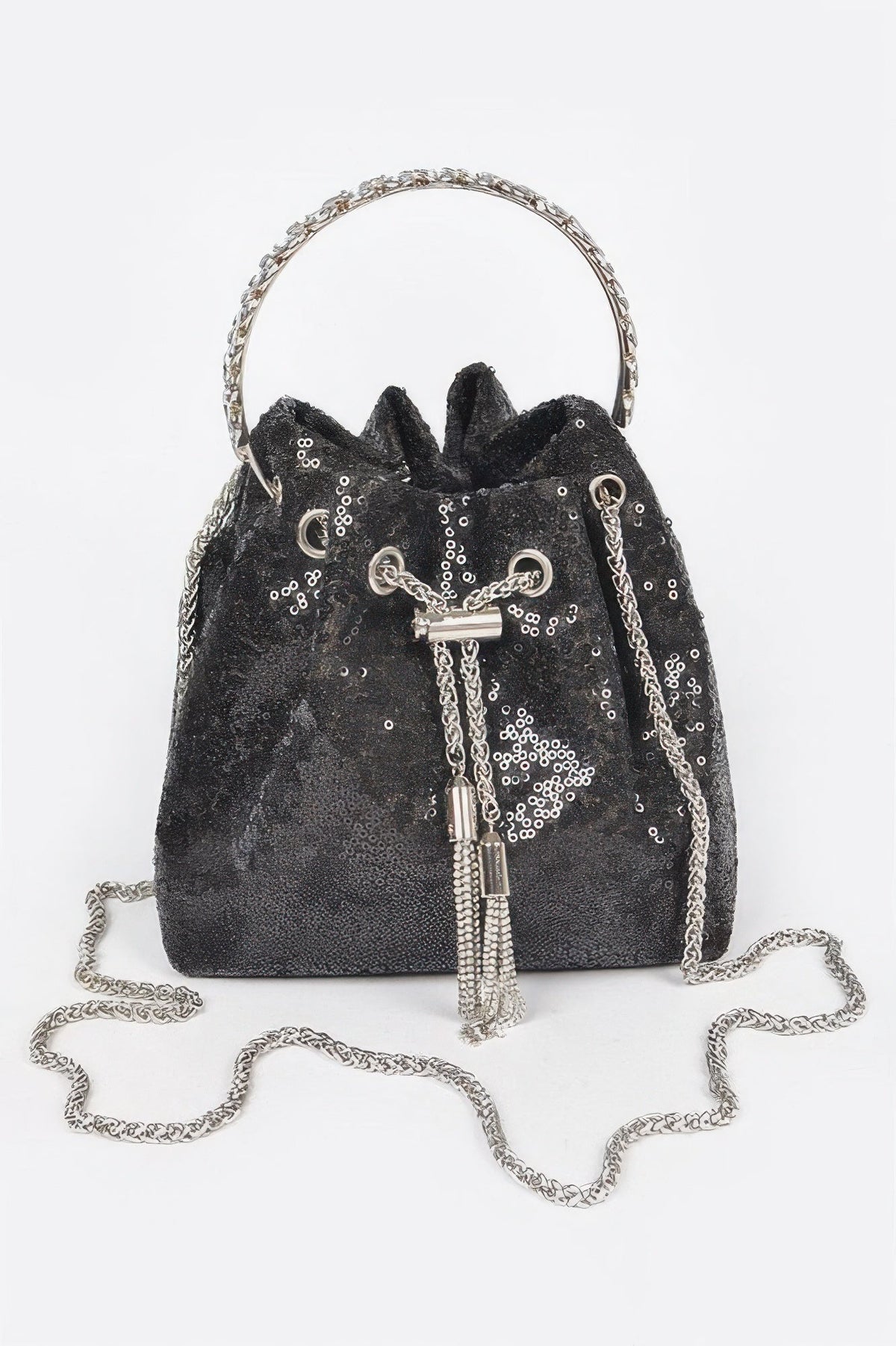 Women's sequins bucket bag by BYMANYC New York, stylish and trendy handbag with shimmering sequin details.