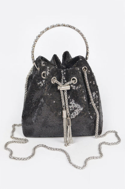 Women's sequins bucket bag by BYMANYC New York, stylish and trendy handbag with shimmering sequin details.