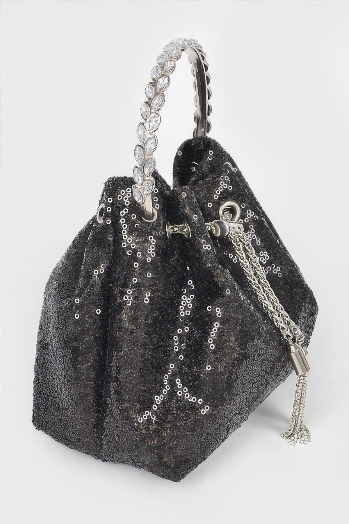 Women’s sequins bucket handbag by BYMANYC New York, featuring a stylish design with shimmering sequins and a spacious interior.