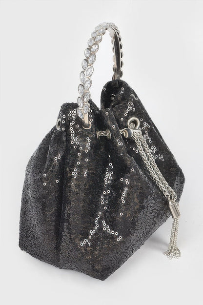 Women’s sequins bucket handbag by BYMANYC New York, featuring a stylish design with shimmering sequins and a spacious interior.