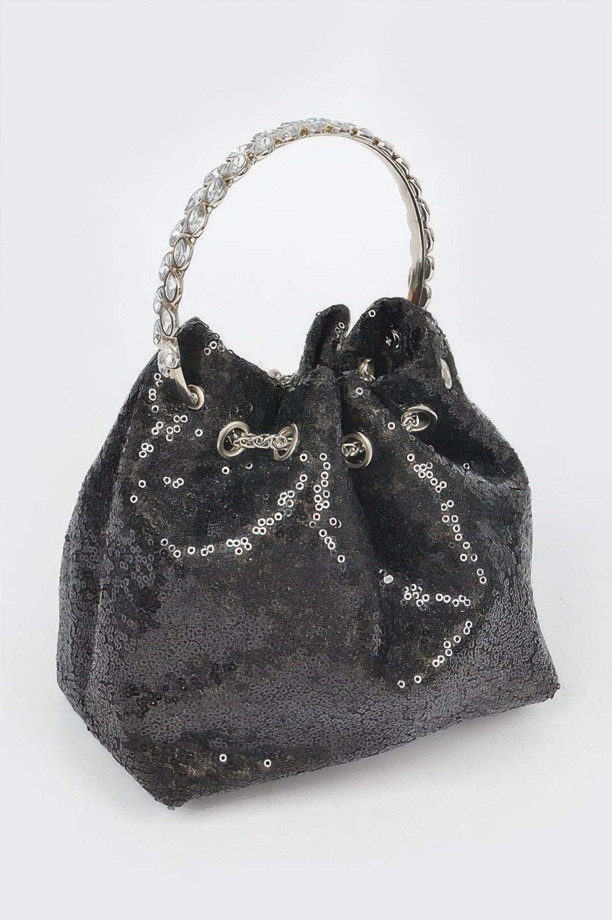 Women's sequins bucket handbag by BYMANYC New York, with shiny sequin details and stylish design for trendy fashion looks.