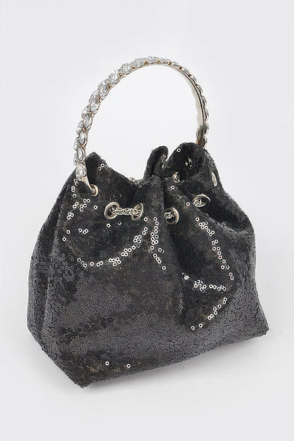 Women's sequins bucket handbag by BYMANYC New York, with shiny sequin details and stylish design for trendy fashion looks.