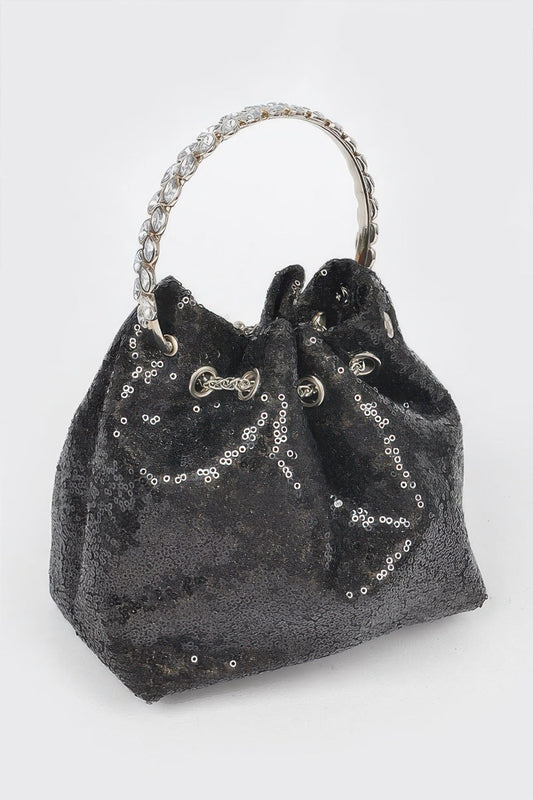 Women's sequins bucket handbag by BYMANYC New York, with shiny sequin details and stylish design for trendy fashion looks.