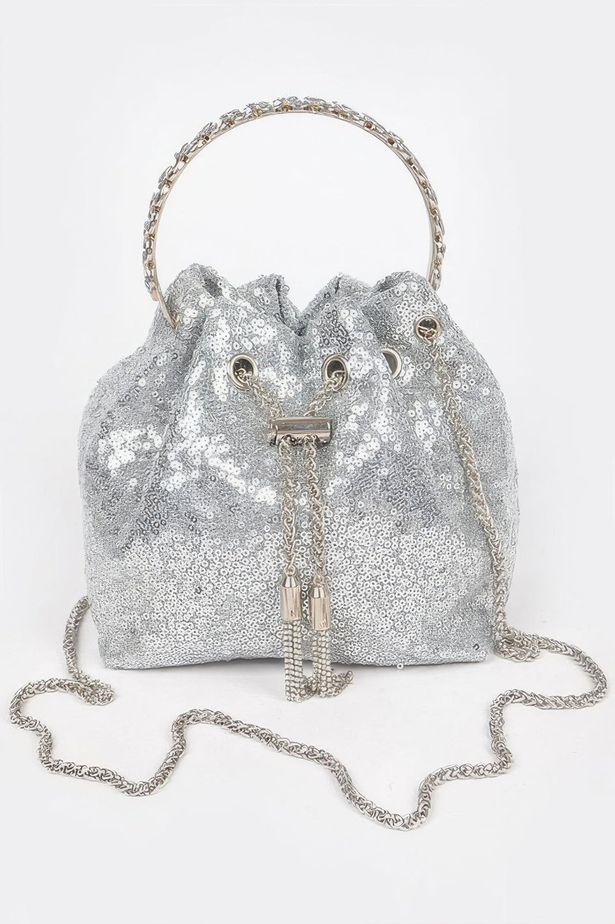 Women's sequins bucket bag by BYMANYC New York, stylish and trendy handbag with shiny sequin design for fashionable accessories.