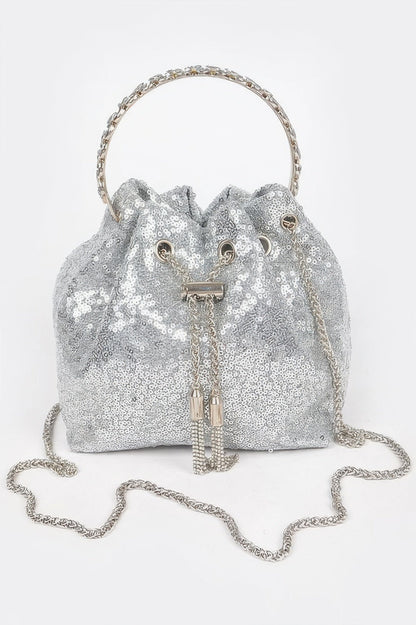 Women's sequins bucket bag by BYMANYC New York, stylish and trendy handbag with shiny sequin design for fashionable accessories.