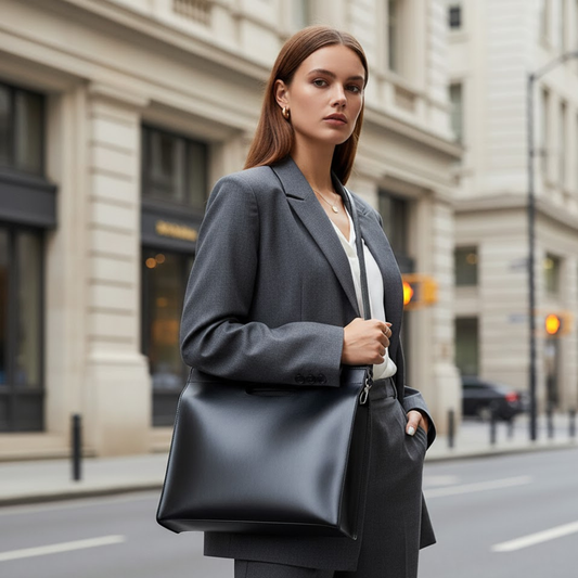 Women’s minimalist cutout tote handbag from BYMANYC’s Manhattan Chic Collection, featuring sleek design and structured silhouette.