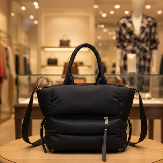 Women’s SoHo Puffer Tote handbag from BYMANYC New York, featuring a puffer design with sleek handles, part of Manhattan Chic collection.