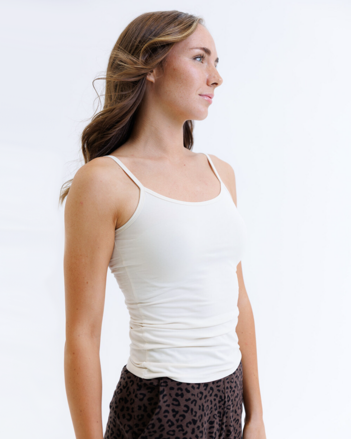 Downeast Wonder Cami tee in soft fabric, featuring a classic fit and scoop neckline, displayed on a white background.