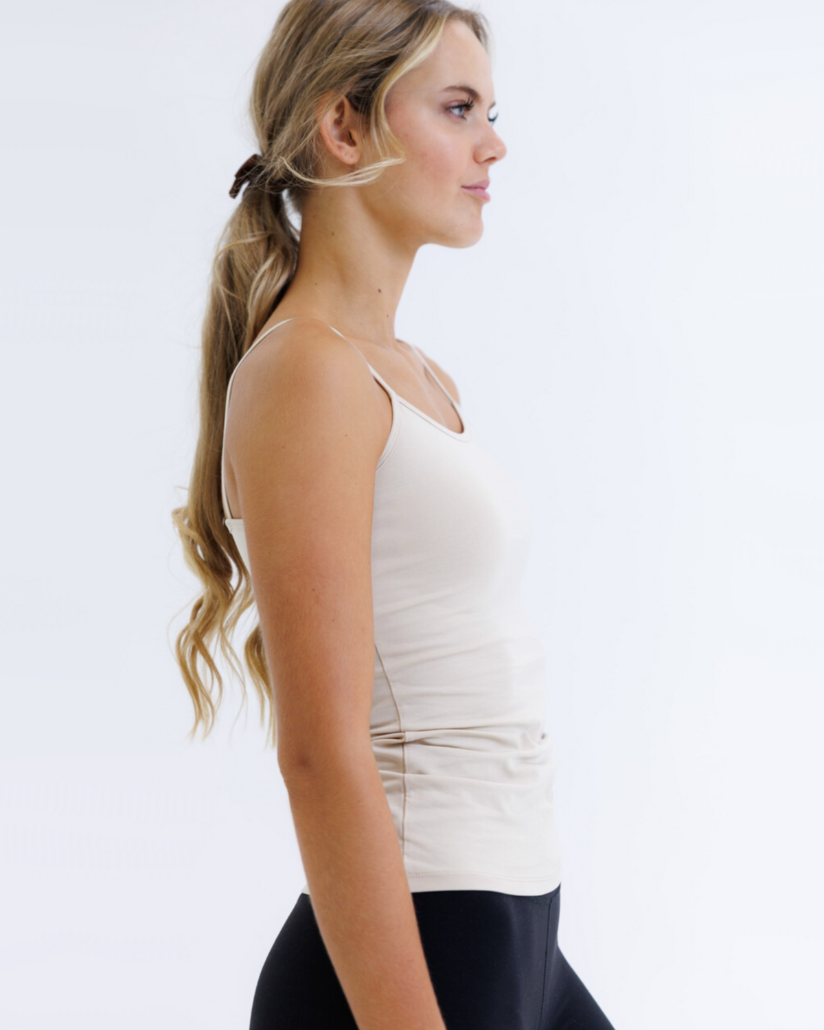 Downeast Wonder Cami in nude color, lightweight and soft cotton tee with a fitted design and scoop neckline.