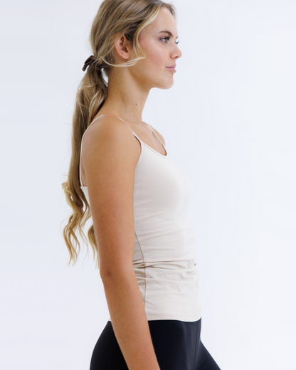 Downeast Wonder Cami in nude color, lightweight and soft cotton tee with a fitted design and scoop neckline.