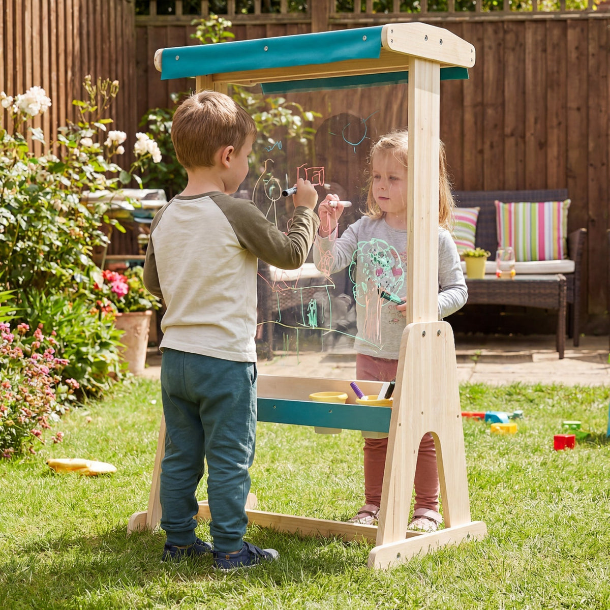 Wooden art easel for kids with canopy and paper roll, featuring adjustable height and sturdy wooden construction.