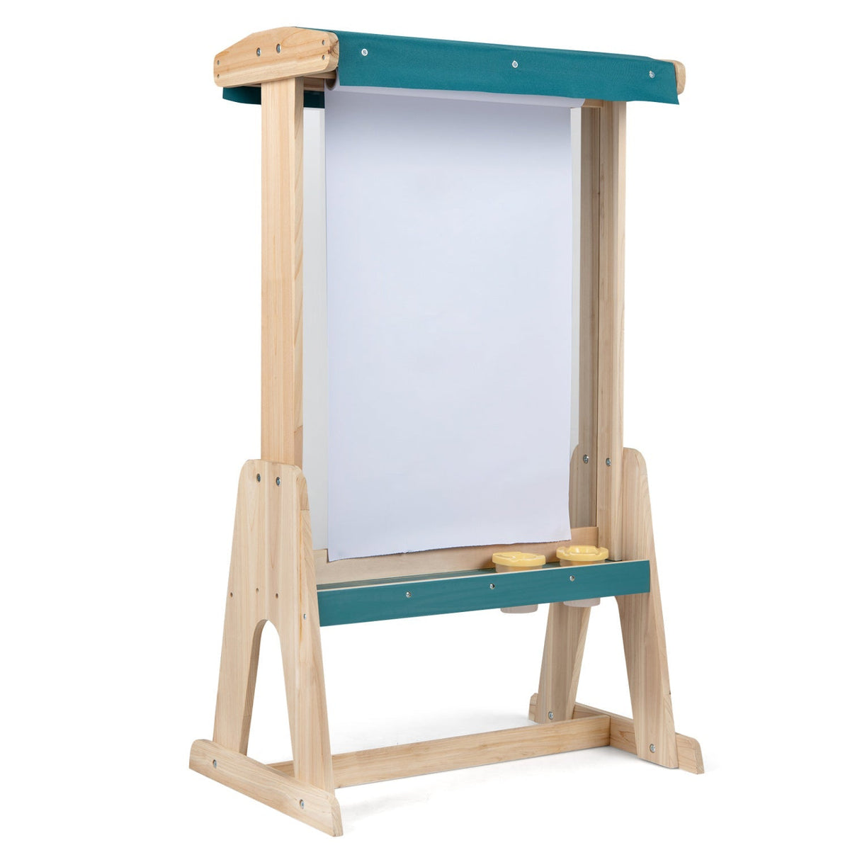 Wooden art easel for kids with canopy and paper roll, GBruno Store, showing the easel setup with paper and canopy for creative art.