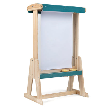 Wooden art easel for kids with canopy and paper roll, GBruno Store, showing the easel setup with paper and canopy for creative art.