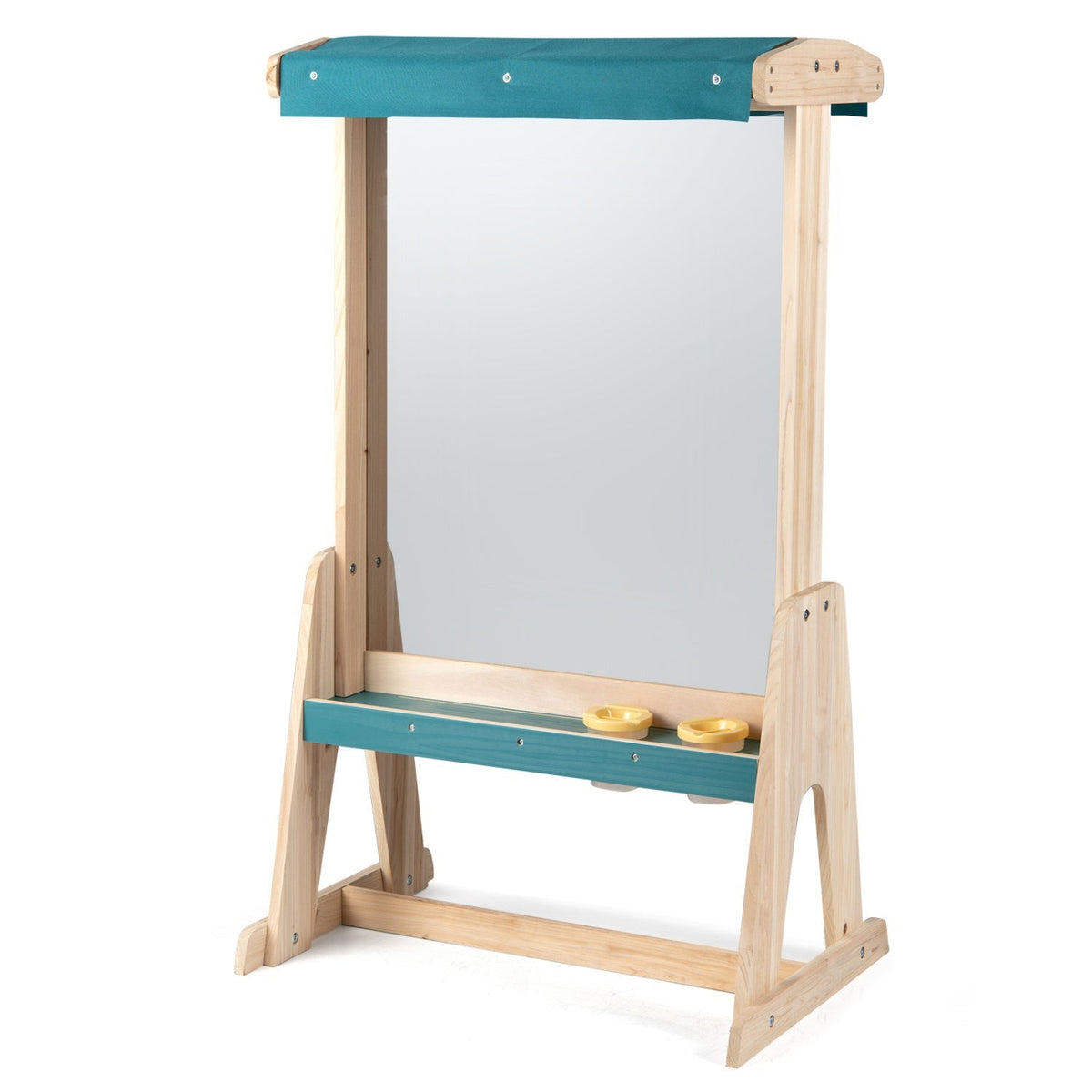 Wooden art easel for kids with canopy and paper roll, ideal for painting and drawing activities by GBruno Store.