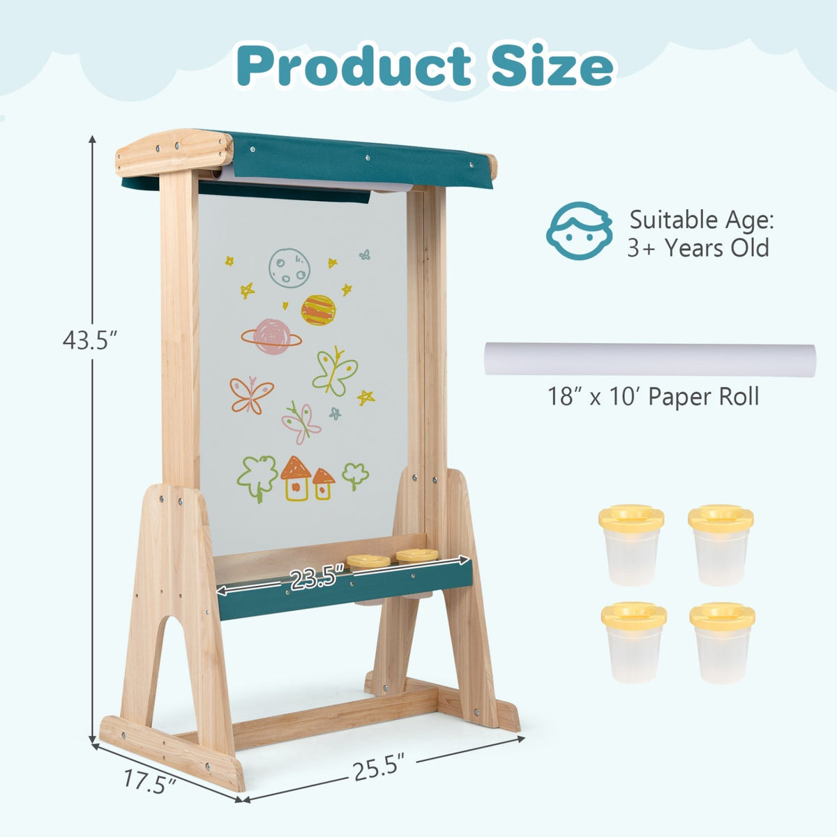 Wooden art easel for kids with canopy and paper roll, featuring a sturdy frame and colorful art supplies for creative play.