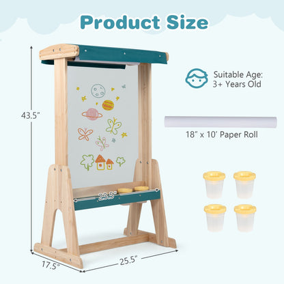 Wooden art easel for kids with canopy and paper roll, featuring a sturdy frame and colorful art supplies for creative play.