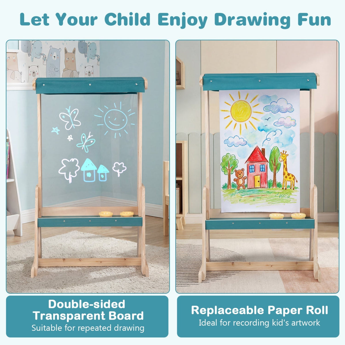 Wooden art easel for kids with canopy and paper roll, ideal for children's painting and drawing activities.