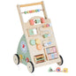 Wooden baby walker with wheels and storage basket, sturdy and safe for toddlers, featuring smooth finish and functional design.