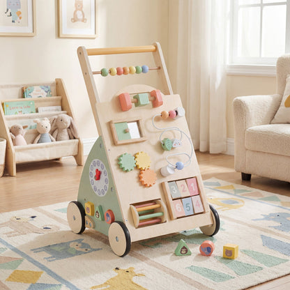Wooden baby walker with wheels and storage basket, designed for toddlers, featuring a sturdy frame and cozy wooden finish.