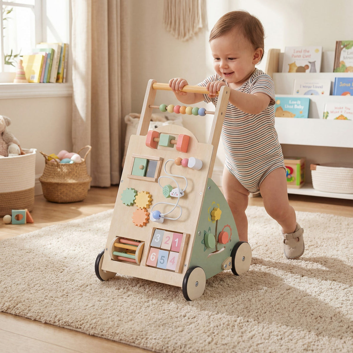 Wooden baby walker with wheels and storage basket from GBruno Store, featuring a sturdy frame and colorful design for young children.