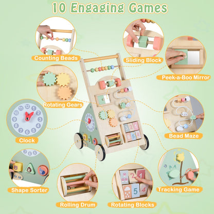 Wooden baby walker with wheels and storage basket, sturdy toy stroller for toddlers, from GBruno Store.