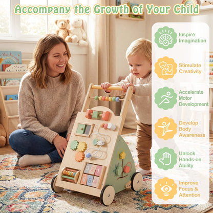Wooden baby walker with wheels and storage basket from GBruno Store, featuring a sturdy design and natural wood finish.