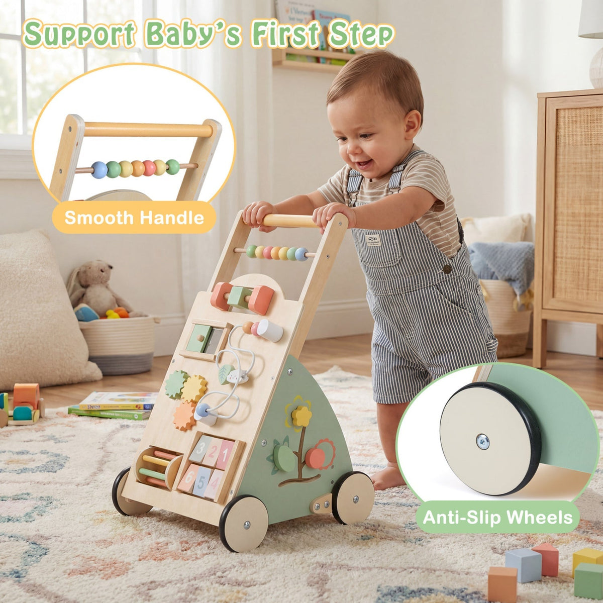 Wooden baby walker with wheels and storage basket, designed for toddlers, featuring a sturdy wooden frame and functional storage space.