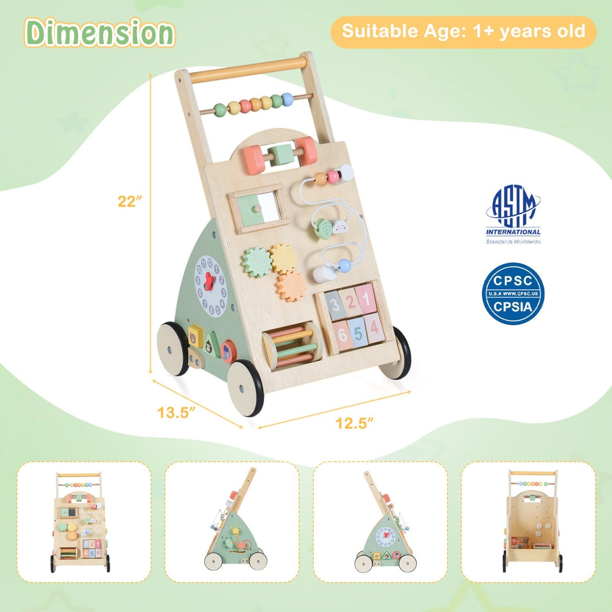 Wooden baby walker with wheels and storage basket by GBruno Store, featuring a sturdy frame and spacious storage compartment.