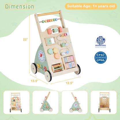 Wooden baby walker with wheels and storage basket by GBruno Store, featuring a sturdy frame and spacious storage compartment.