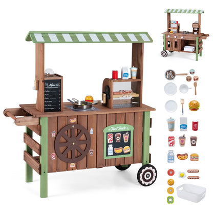 Wooden grocery store playset with wheels for kids, featuring colorful shelves and pretend food, by GBruno Store.