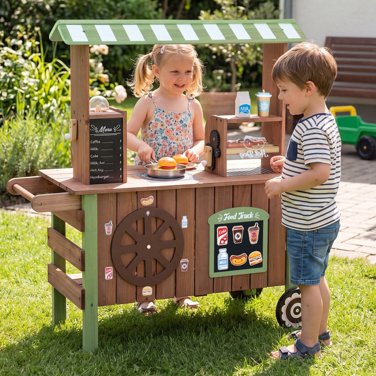 Wooden grocery store playset with wheels for kids, featuring colorful shelves and food items, from GBruno Store.