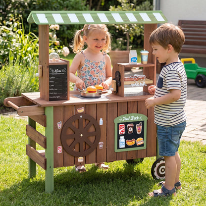 Wooden grocery store playset with wheels for kids, featuring colorful shelves and food items, from GBruno Store.