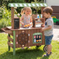 Wooden grocery store playset with wheels for kids, featuring colorful shelves and food items, from GBruno Store.