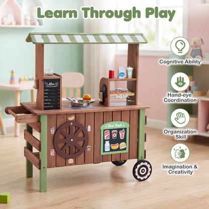 Wooden grocery store playset with wheels for kids, featuring shelves, food items, and play kitchen accessories by GBruno Store.