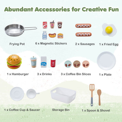 Wooden grocery store playset with wheels for kids, includes shelves, produce, and shopping accessories for imaginative play.