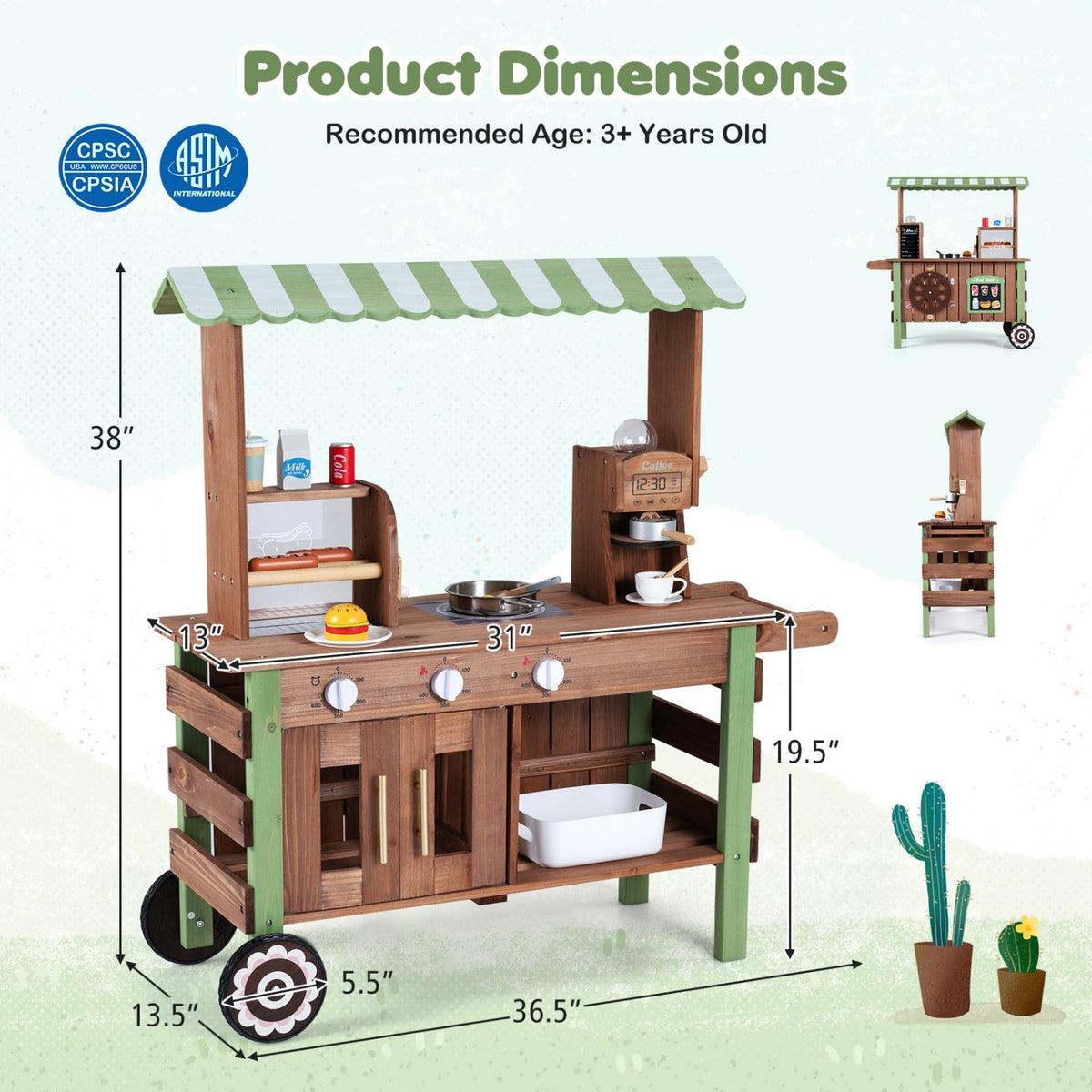 Wooden grocery store playset with wheels for kids, featuring colorful shelves and toy food for imaginative play.