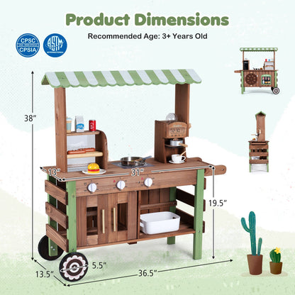 Wooden grocery store playset with wheels for kids, featuring colorful shelves and toy food for imaginative play.